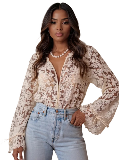 Lace Button Up Long Sleeve Shirt