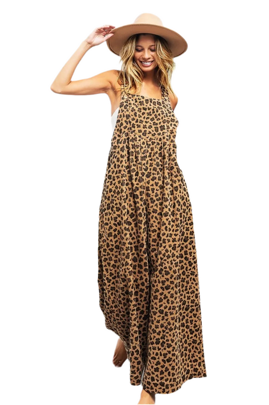 BiBi Leopard Washed Wide Leg Overalls