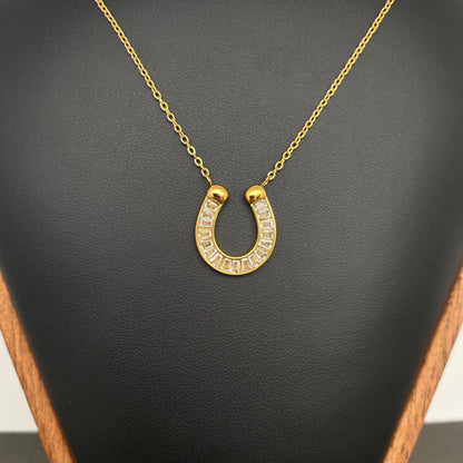 Zircon Inlaid Horseshoe 18K Gold Plated SS Necklace - FGS