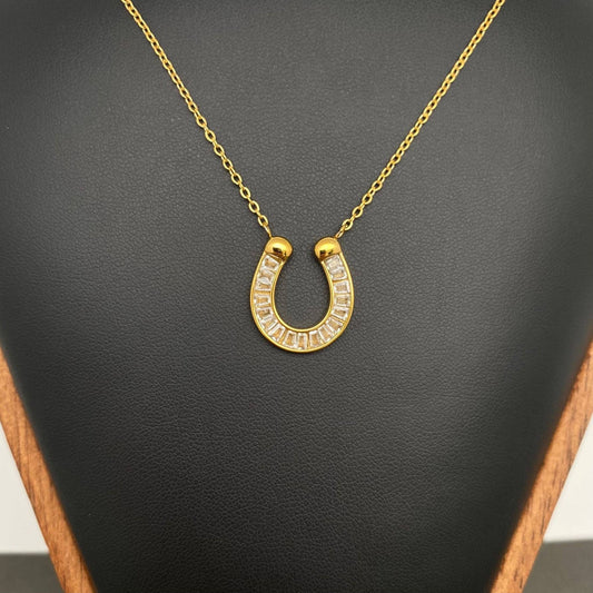 Zircon Inlaid Horseshoe 18K Gold Plated SS Necklace - FGS