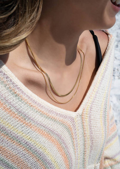 18K Gold PVD Stainless Steel Herringbone and Snake Layered Chain Necklace