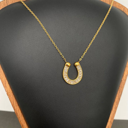 Zircon Inlaid Horseshoe 18K Gold Plated SS Necklace - FGS