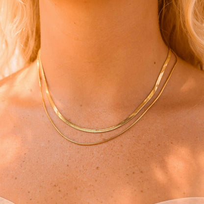 18K Gold PVD Stainless Steel Herringbone and Snake Layered Chain Necklace