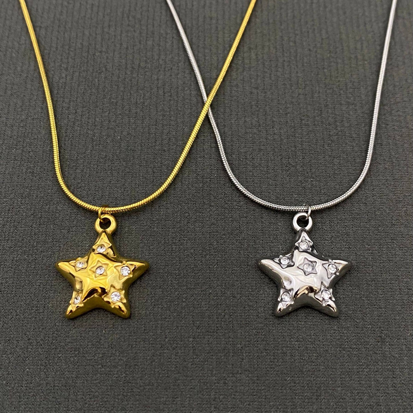 CZ Inlaid 18K Gold Plated S.Steel Star Charm Necklace - FGS/MS