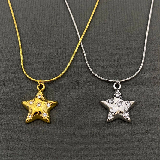 CZ Inlaid 18K Gold Plated S.Steel Star Charm Necklace - FGS/MS