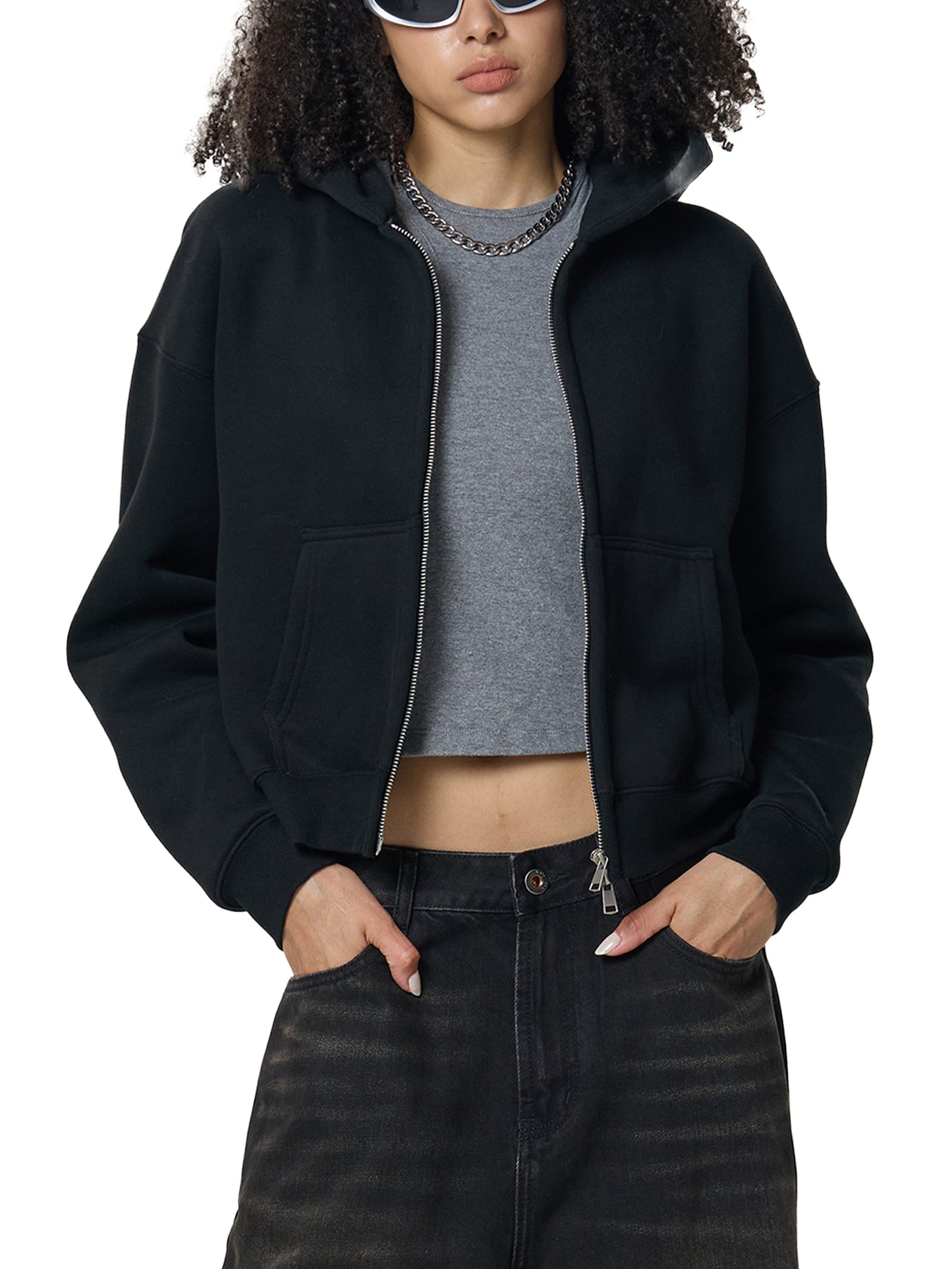 Fleeced Zip-Up Cropped Hoodie F*ck Around